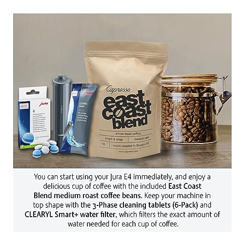 Jura E4 Automatic Coffee Machine (Piano White) with CLEARYL Smart+ Water Filtration, 6 Cleaning Tablets and East Coast Blend Whole Bean Coffee (4 Items)