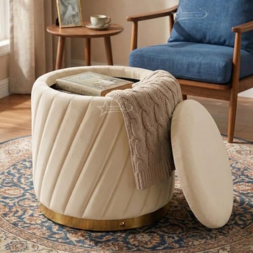 Image of Mythic ArtsRound Upholstered Sitting Stool & Footrest Velvet Storage Ottoman Pouffe16 X 16X 19 inch | Versatile Puffy for Living Room, Bedroom, and Office ? Chic Home Furnishings & Dcor Cream