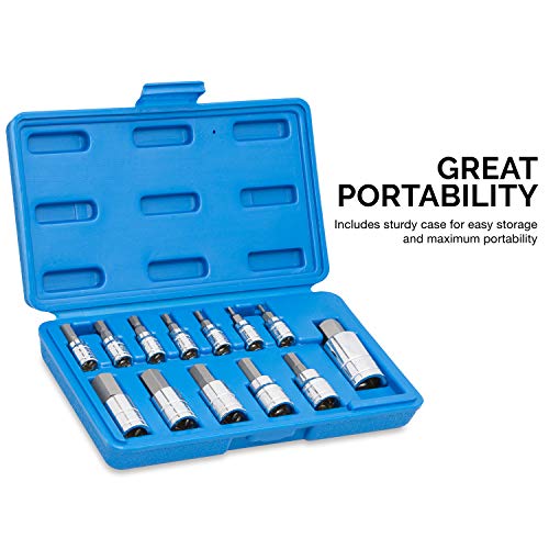 Neiko 10074A Hex Bit Socket Set, Metric, 2mm to 14mm | 13-Piece Set, S2 and Cr-V Steel, 1/4”, 3/8” and 1/2-Inch Drive