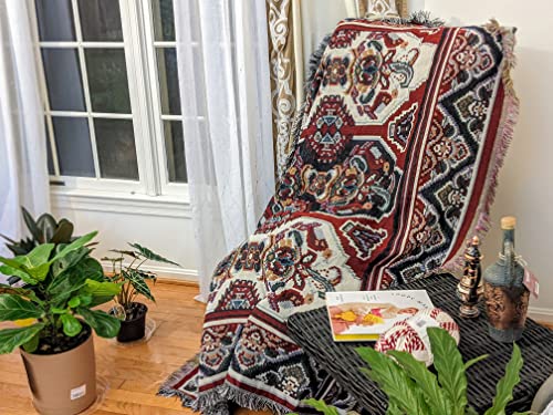 Dada Bedding Majestic Red Kilim Rug Tapestry Throw Blanket - Intricate Royal Ornate Ornament Print W/Fringe Tassels - Decorative Woven Needle Stitched Design - 50” X 60” (18195) #TOP3