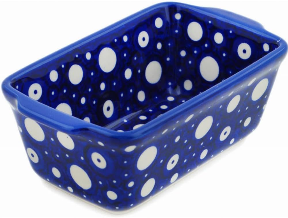 Polmedia Polish Pottery Mini loaf pan UNIKAT - Blue Eye Scatter Pattern Handmade in Boleslawiec Poland + Certificate of Authenticity