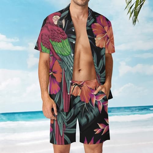 Ensemble chemise hawaïenne perroquet imprimé fleuri exotique avec pantalon S