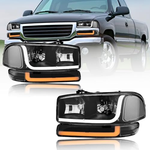 Fullux LED DRL Headlights Assembly for GMC Sierra 99-07/Yukon XL 1500 2500 00-06 Replacements Clear Reflector Black Housing