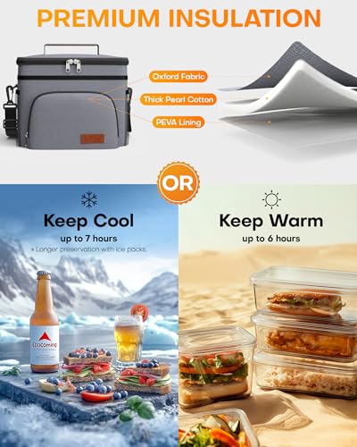 Image of HOTOR Insulated Lunch Box Men Women Leak-Proof Cooler Lunch Bag 9L | 4 Pockets, Adjustable Strap, Ideal for Work, Picnic, Travel, Camping, Gift, Light Grey