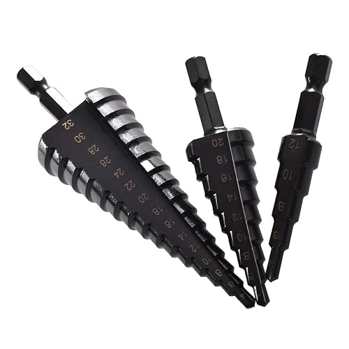 HSS - Juego de brocas escalonadas, recubiertas, autodesbarbadoras, 0.157-1.260 in, 3 brocas y 1 punzón central, para hierro fino, acero, madera,