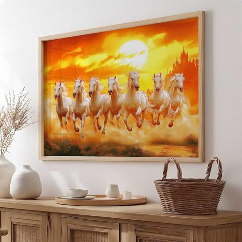 Image of HOTHOUSE Seven Running Vastu Lucky Horse Rising Sun Painting Wall Decor | 7 Horses Vastu Frame Wall Art Painting for Living Room Bedroom Office Home Decor Size (13X17 inch)