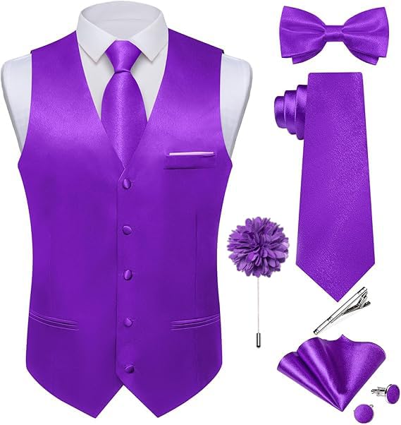 DiBanGu Mens Satin Suit Vest and Tie Set 8PCS Solid Waistcoat and Bowtie with Lapel Pin for Tuxedo Dress Vest Wedding Formal