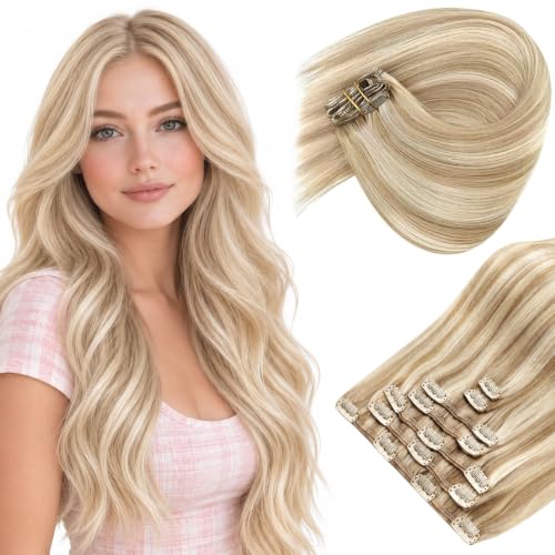Sunny Hair Clip in Hair Extensions Real Human Hair Blonde Highlight 26inch