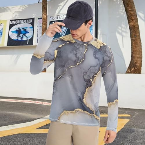 Marble Grey Silver Men's UPF 50+ Swim Shirts Loose Crew Neck Loose Men's Sun Shirt Long Sleeve Beach 5