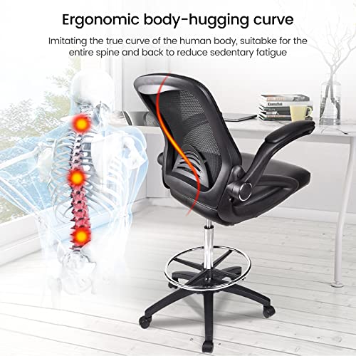 Elecwish Ergonomic Drafting Chair - Adjustable Height Tall Office Chair For Standing Desks With Flip-Up Arms Foot Rest Mesh Back Soft Pu Leather Seat, Reception Desk Chair In (Black) #TOP1