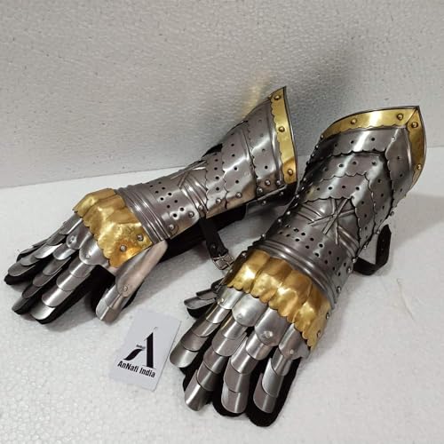 Image of AnNafi Armor Gauntlets Steel Gloves w Brass Accents Armor Pair, Medieval Knight Costume, Fully Wearable, Fully Functional Armor Gloves Warrior Metal Gauntlets Steel Crusader Cosplay Armour Costume