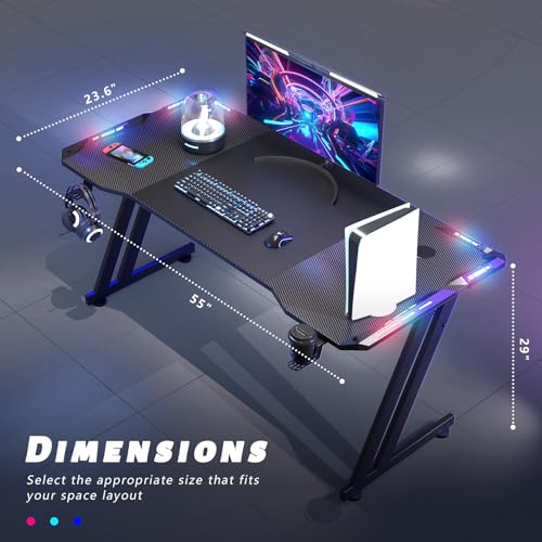 Image of HLDIRECT 55 Inch Gaming Desk Z Shaped Carbon Fiber Computer Desk with LED | Ergonomic Gamer Desk for Home Office, Large PC Table with Cup Holder Headphone Hook and Spacious Desktop for Gaming Setup
