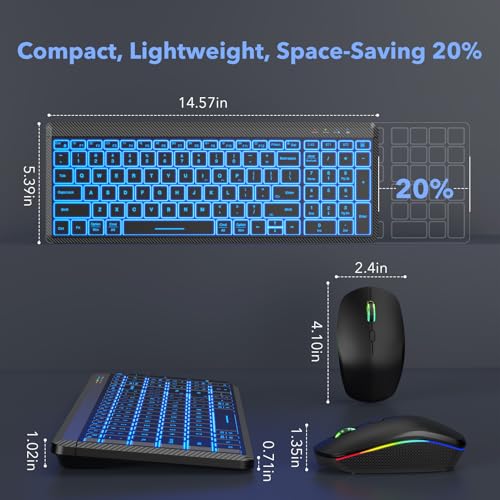 Wireless Keyboard and Mouse Bluetooth, Multi-Device Mini Keyboard, Switch up to 3 Devices, Slim Portable Travel Backlit Cordless Set, RGB Silent Mouse, for Mac, iOS, Android, Ipad (Black) by SABLUTE - Image 5