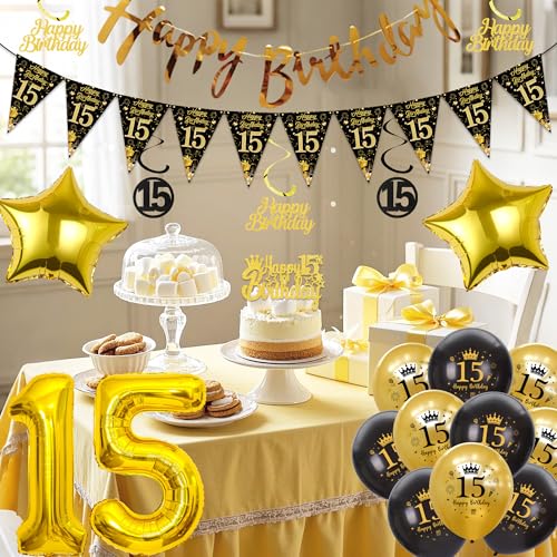 Xietaea Deko 15 Geburtstag Jungen Mädchen - Schwarz Gold Luftballons Happy Birthday Girlande Tortendeko, XXL Zahlenballon Hängende Spiralen und Wimpel für 15 Jahre Geburtstagsdeko