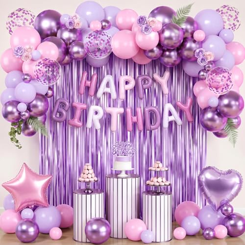 78PCS Pink And Purple Birthday Decorations-Happy Birthday Decorations For Women Girls With Purple And Pink Balloons Laxte Star Heart Foil Balloons Birthday Banner Balloon Cake Topper Tinsel Curtain