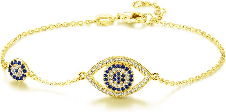 TONGZHE Blue Evil Eyes Link Bracelet Sterling Silver 925 Cubic Zirconia Chain Adjustable 7"