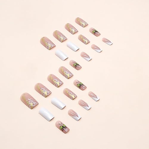 Miniatura 4 de Uñas postizas francesas medianas blancas a presión, uñas postizas acrílicas con diseños de mariposas coloridas, uñas con pegamento, uñas