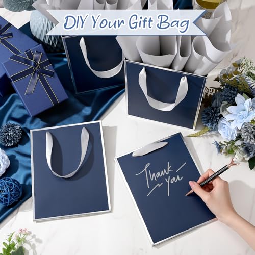Image of Yeaqee 24 Pack Metallic Paper Gift Bags, Navy Blue, Silver | with Satin Ribbon Handle and Tissue, 9x7x3.1 Inch, Suit Business, Birthday, Christmas, Thank You Return Gifts Bags