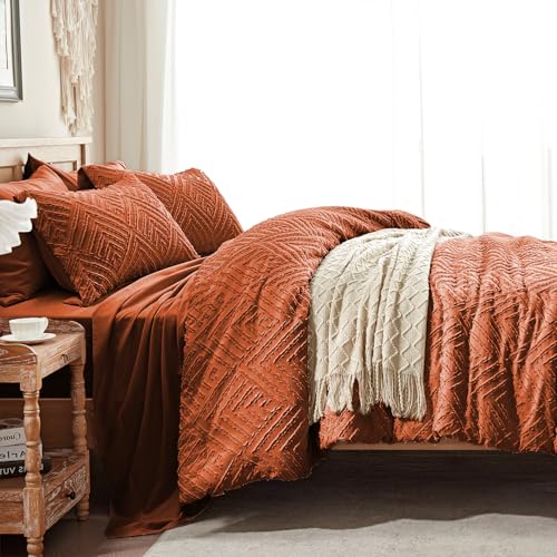 Image of Zzlpp Full Comforter Set 7 Pieces, Burnt Orange Tufted Bed in a Bag with Comforter, 2 Pillow Shams, 2 Pillowcases, 1 Flat Sheet, 1 Fitted Sheet