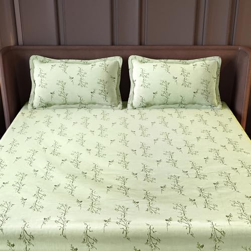 Image of Divine Casa Cotton King Size Bedsheet 210 TC | Soft Skin Friendly Breathable Bed Sheet with 2 Pillow Covers | Pigment Twill Satin Bedding Set | 275 x 275 cm (Pista Green, Floral)