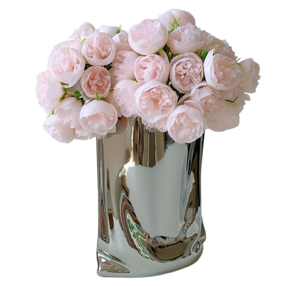 Flores artificiales con jarrón de flores de seda, ramo de peonías artificiales, flores artificiales para comedor, decoración del hogar, cocina, boda, fiesta, oficina, 2 ramo+jarrón, rosa claro