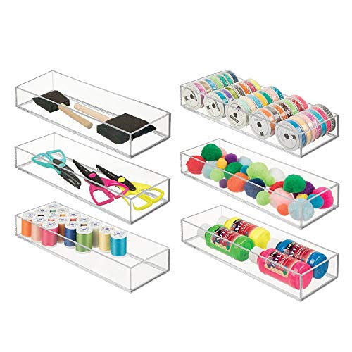 mDesign Stackable Plastic Drawer Organizer Storage Bin Tray - Holder for Craft, Sewing, Hobby, Art Supplies in Home, Classroom, Studio - 12' Long, 6 Pack - Clear