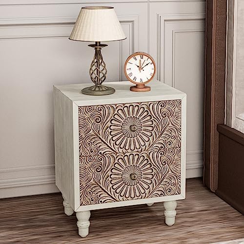 HOMPUS Nightstand, Rustic End Table with 2 Pattern Carved Drawers, Vintage Night Stand with 4 Wood Legs, Small Dresser for Bedroom, Living Room, Light Grey Grain