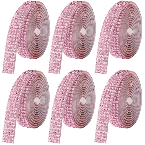 LYXMYGS Rhinestone Ribbon Self Adhesive, 6-Yard Bedazzling Strips, 6-Rolls Rhinestone Strips for DIY Craft, Rhinestones for Crafting, Home Decor and Special Events, Pink