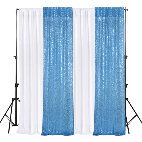 VitalCozy 4Pcs Photo Backdrop Curtain 2 Sequin 2 Chiffon, White, Blue