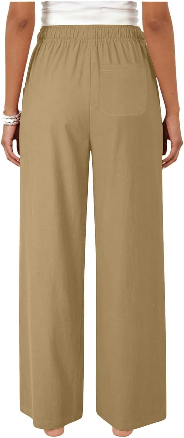 YRAETENM Womens Linen Wide Leg Pants Elastic High Waist Flowy Palazzo Trousers Casual Summer Beach Travel Pants with Pockets