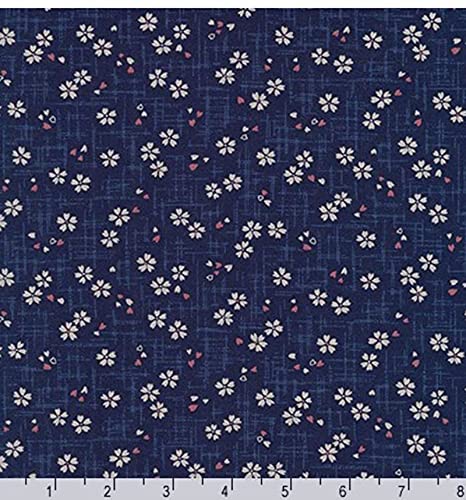 Japanese, Quilting, Sewing Fabric - Sevenberry Kasuri Collection - Small Floating Cherry Blossoms & Tiny Pink Petals - SB-88227D2-6 - Indigo - by The Half Yard
