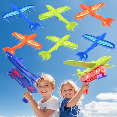 UNCANZEA 6 Pack Dreamy Ocean Foam Airplane Launcher Toys, Gliders with Fluorescent Stickers, Outdoor Flying Toys Birthday Gifts for Boys Girls 3 4 5 6 7 8 9 10 11 12 Year Old