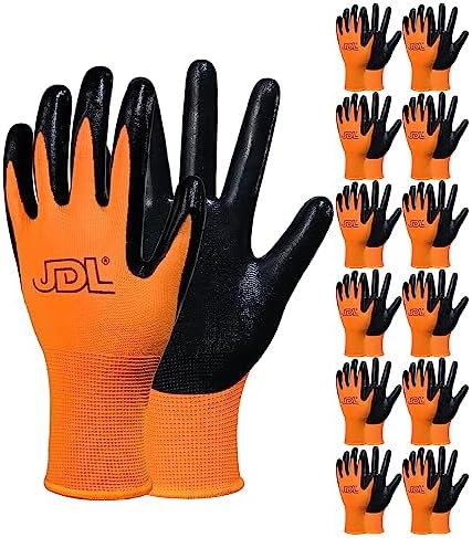 JDL Work Gloves Touch Screen Non-slip,Nitrile Rubber Coated Working Garden Gloves Bulk with Grip,Oil Resistant and Hand-friendly 12Pack(Orange S)