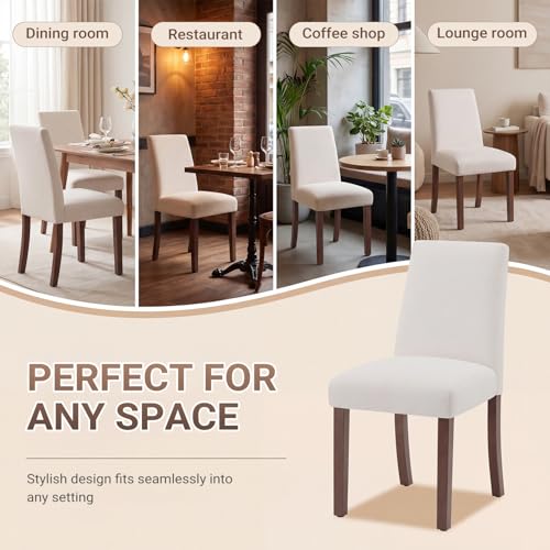 Image of Upholstered Dining Chairs Set of 4, Mid-Century Dining Room Chairs with Wooden Legs, Farmhouse Fabric Parsons Chairs for Small Space Restaurant & Cafe- Light Beige