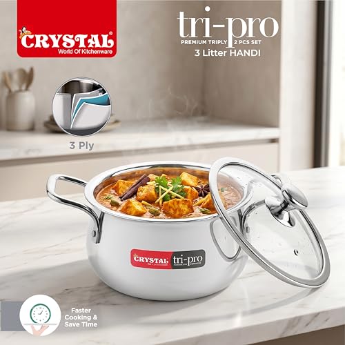 Image of Crystal Trival Triply Stainless Steel Stock Pot | 3 Liters with Glass Lid | Biryani Pot, Handi Shaped /Casserole | Weight-1.7 kg | Induction Friendly | 100% Toxin-Free | Healthy Cooking, Less Oil Use