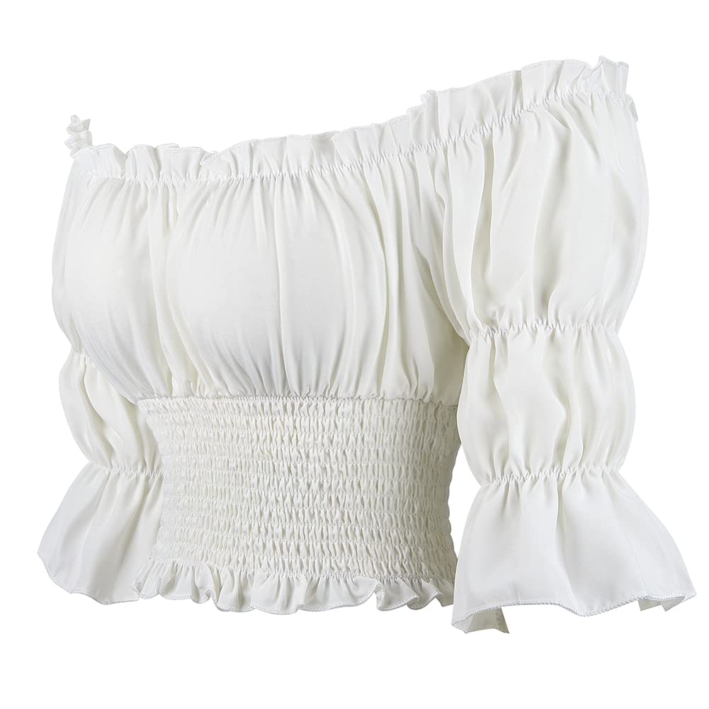 Hengzhifeng Renaissance Shirt Women Pirate Off the Shoulder Crop Top Peasant Blouse (UK 2-4,White)