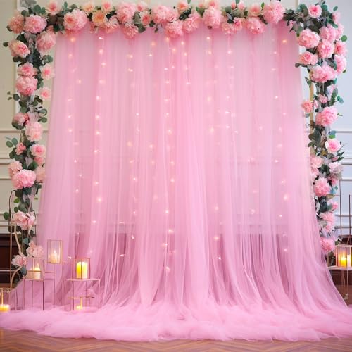 Pink Backdrop Curtains with Lights String for Baby Shower Girl