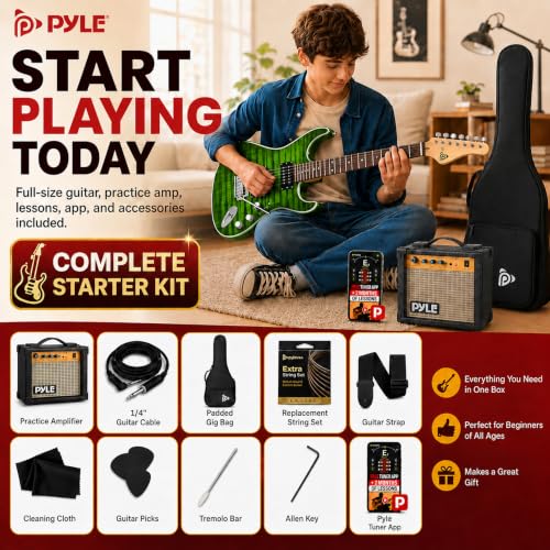 Pyle Electric Guitar Kit with Amp, Full Size Instrument with Humbucker Pickups, Guitarra Electrica Amplifier and Beginner Bundle Accessories, 39" Legacy Green by Pyle - Image 2
