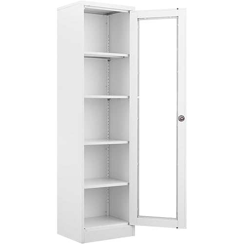 Display Storage Cabinet with Glass Doors, 65 Inches Metal Curio Cabinets with 4 Adjustable Shelves, HD Tempered Glass Cabinet Display Case for Home, Office, Pantry, Assemble Required (White)