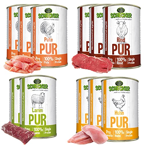 Schecker Nassfutter - Fleisch PUR 11er - 4 Sorten - Rind - Huhn - Lamm und Pute Pur - 11 Dosen je 410 g
