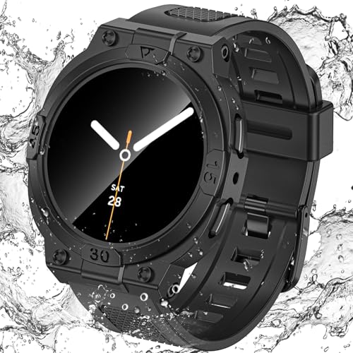 Goton 3 in 1 Waterproof Case and Band for Samsung Galaxy Watch 8 44mm 360 Protective Hard PC with Tempered Glass Screen Protector for Galaxy Watch Cover Bumper Accessories Black
