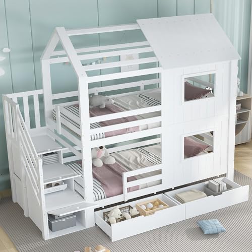 SACOOL Litera, 90 x 200 cm, cuna, armario de escaleras con estantes, cajón de almacenamiento con ruedas, hermosas ventanas y techo, somieres de listones estables de pino + MDF + madera contrachapada