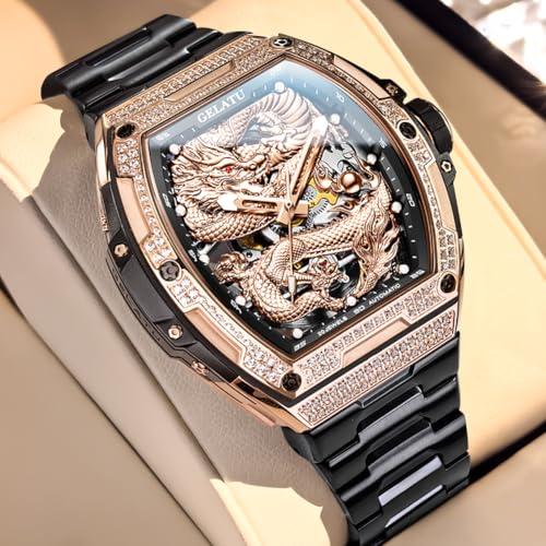 Image of OLEVS Automatic Men's Watches Fashion Diamond Dragon Skeleton Mechanical Self Winding Tourbillon Stainless Steel Waterproof Luminous Watches for Men