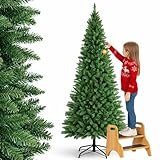 BAKAJI Albero di Natale Slim Molto Folto Ecologico e Ignifugo con Base a Croce in Ferro Pieghevole, Decorazione Natalizia Salvaspazio Foltissima con Rami Realistici (Verde Pino dei Sogni, 210 cm)