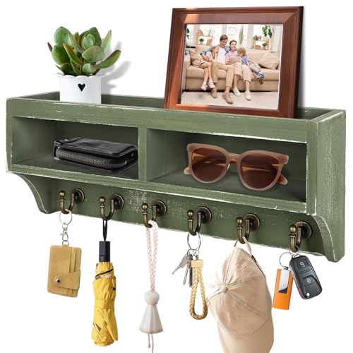 Image of Key Holder Wall Mount - Mail Organizer Wall Mount with 6 Key Hooks and Storage Box for Sunglasses Storage and Dog Leash Holder Home Decor Rack Apartment Farmhouse Shelf Entryway Organizer (Green)