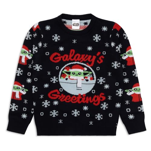 Star Wars Mandalorian Christmas Jumper | Boys Xmas Jumper | Kids Grogu Acrylic Knitted Christmas Sweatshirt | Mandalorian Gifts for Boys (UK, Age, 9 Years, 10 Years, Regular) Blue