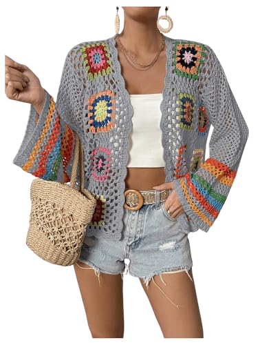 Image of SHENHE Women's Floral Crochet Cardigan Hollow Out Open Front Long Sleeve Cardigan Sweater