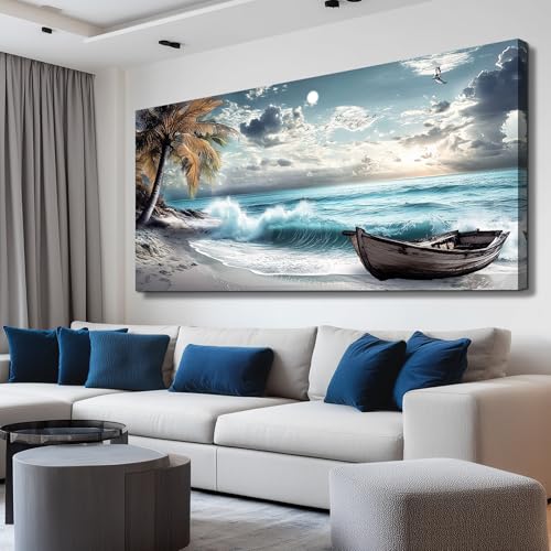 Image of XIGUANGART Beach Large Canavs Wall Art Wall Decor for Living Room Art Prints for Bedroom Above Bed Coconut Trees Pictures Rustic Coastal Artwork Nature Landscape Painting for Home Office 30x60 IN