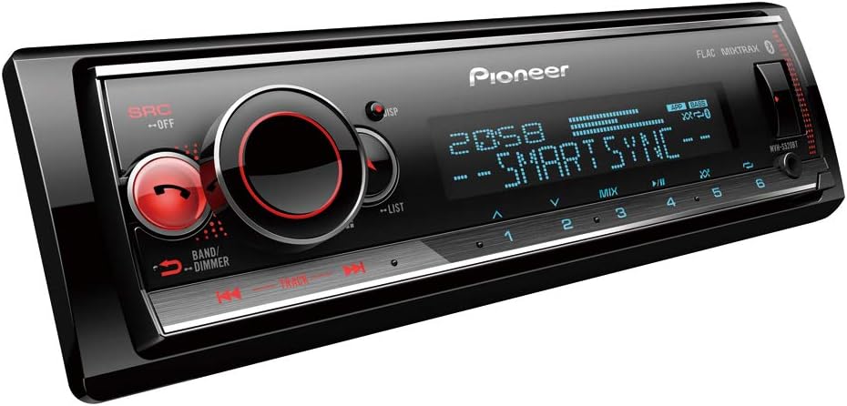 MVH-S520BT 1-DIN receiver with Bluetooth, multi colour illumination, USB, Spotify, Pioneer Smart Sync App and compatible with Apple and Android devices.