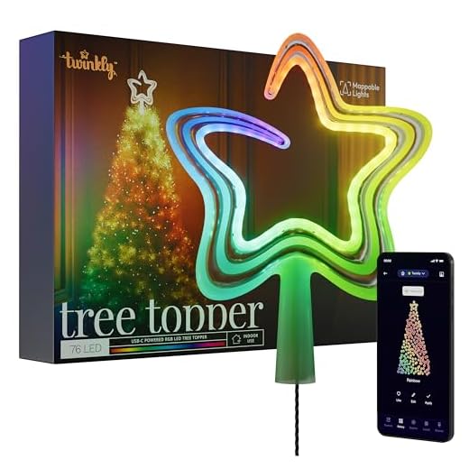 Twinkly Baumspitze, Helle Christbaumspitze, Stern mit 76 Kartierbaren RGB-LEDs, USB Typ C, Smarte Mehrfarbige LED-Lichter, Kompatibel mit Alexa und Google Home, App-Steuerung